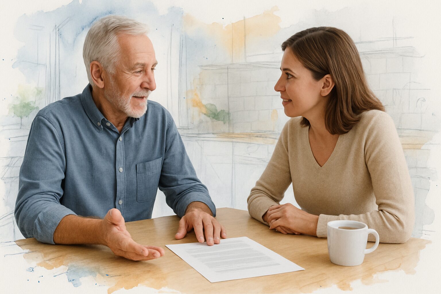 Family member and elderly man in conversation at a kitchen table during an advance care planning discussion