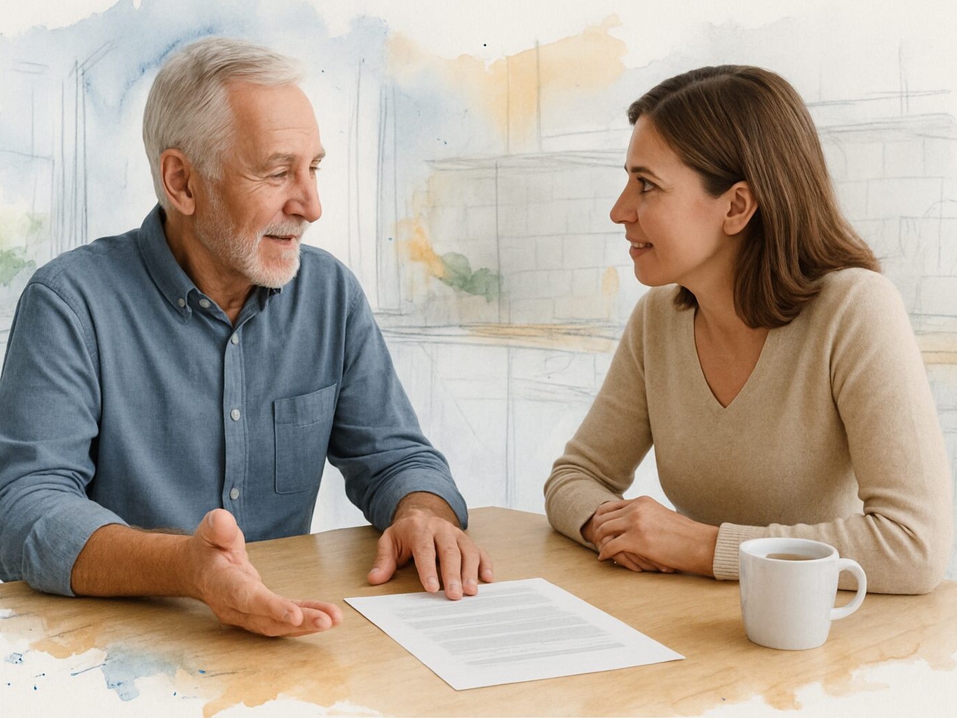 Family member and elderly man in conversation at a kitchen table during an advance care planning discussion