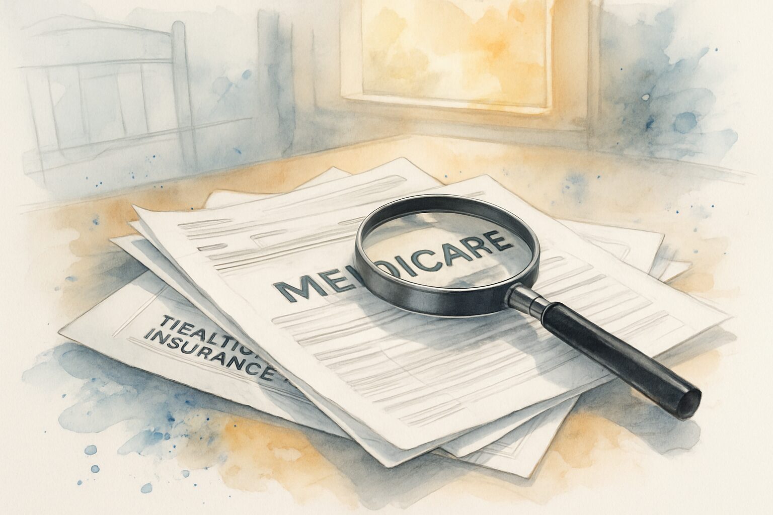 Medicare hospice documents on a kitchen table with a magnifying glass, representing hospice fraud scrutiny in California.