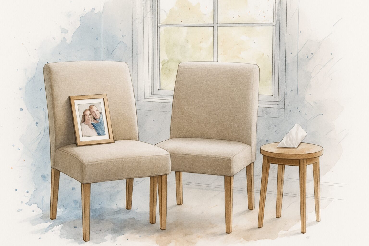 Two chairs by a window with a framed photograph, representing solitary grief at home in Monterey County