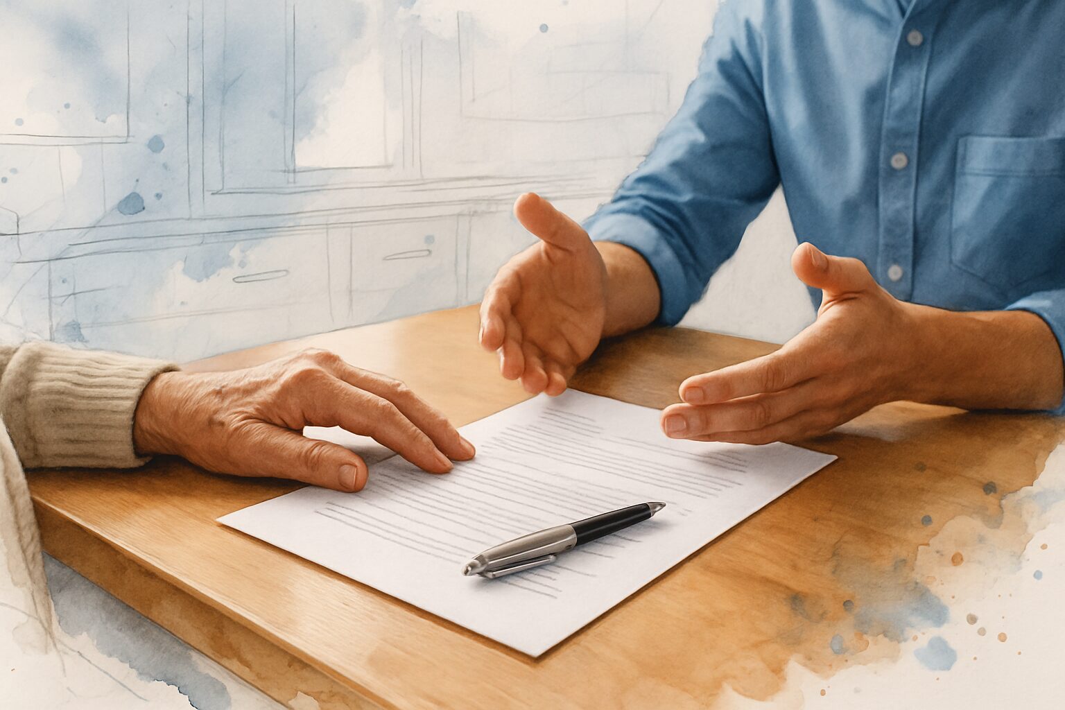 Family members reviewing a hospice provider document together at a kitchen table in a home setting.