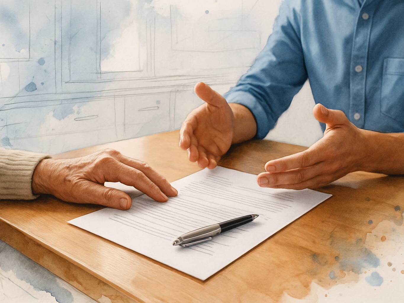 Family members reviewing a hospice provider document together at a kitchen table in a home setting.