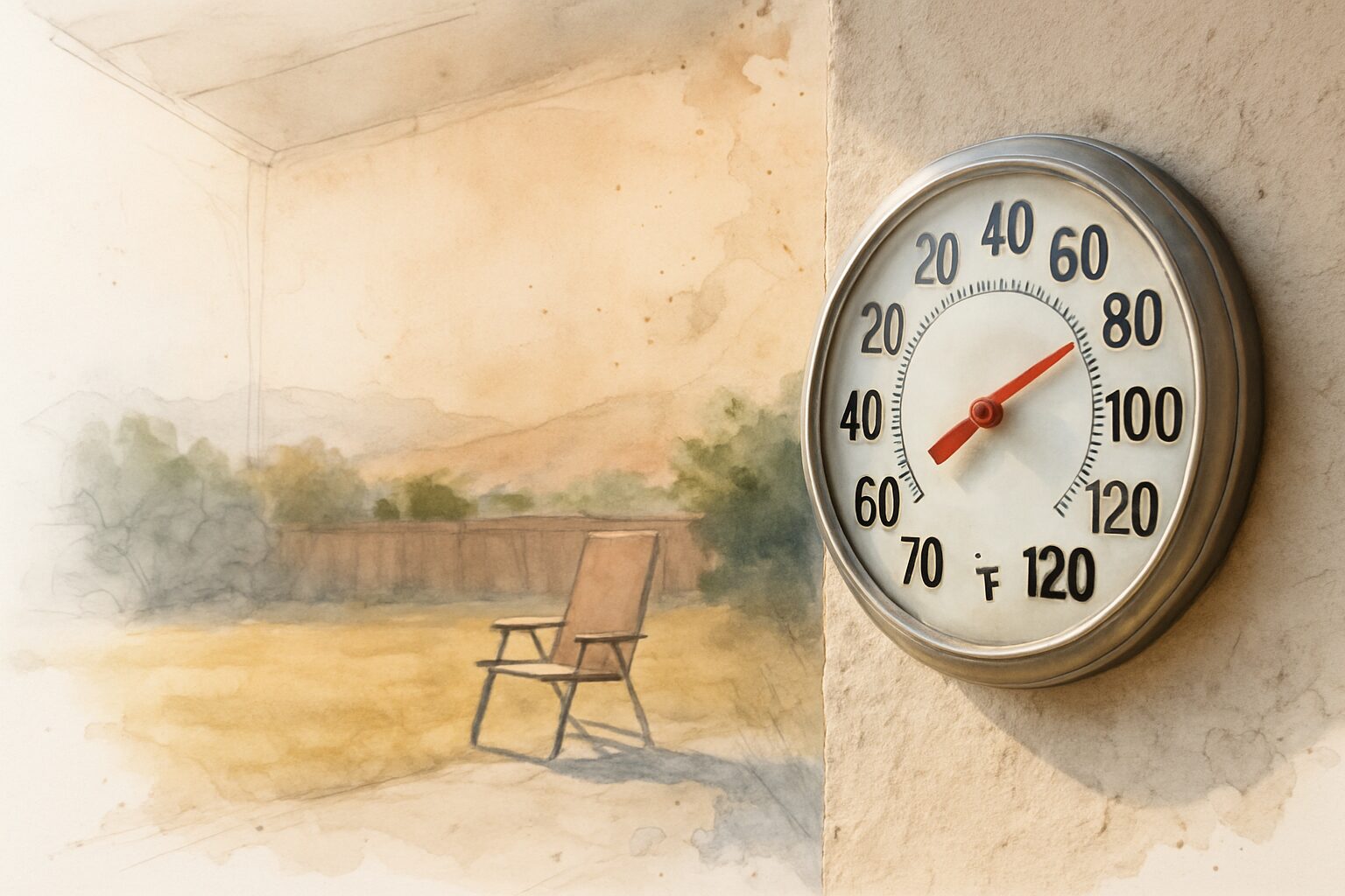 Outdoor thermometer on a shaded porch wall showing high 90s heat in an inland valley neighborhood