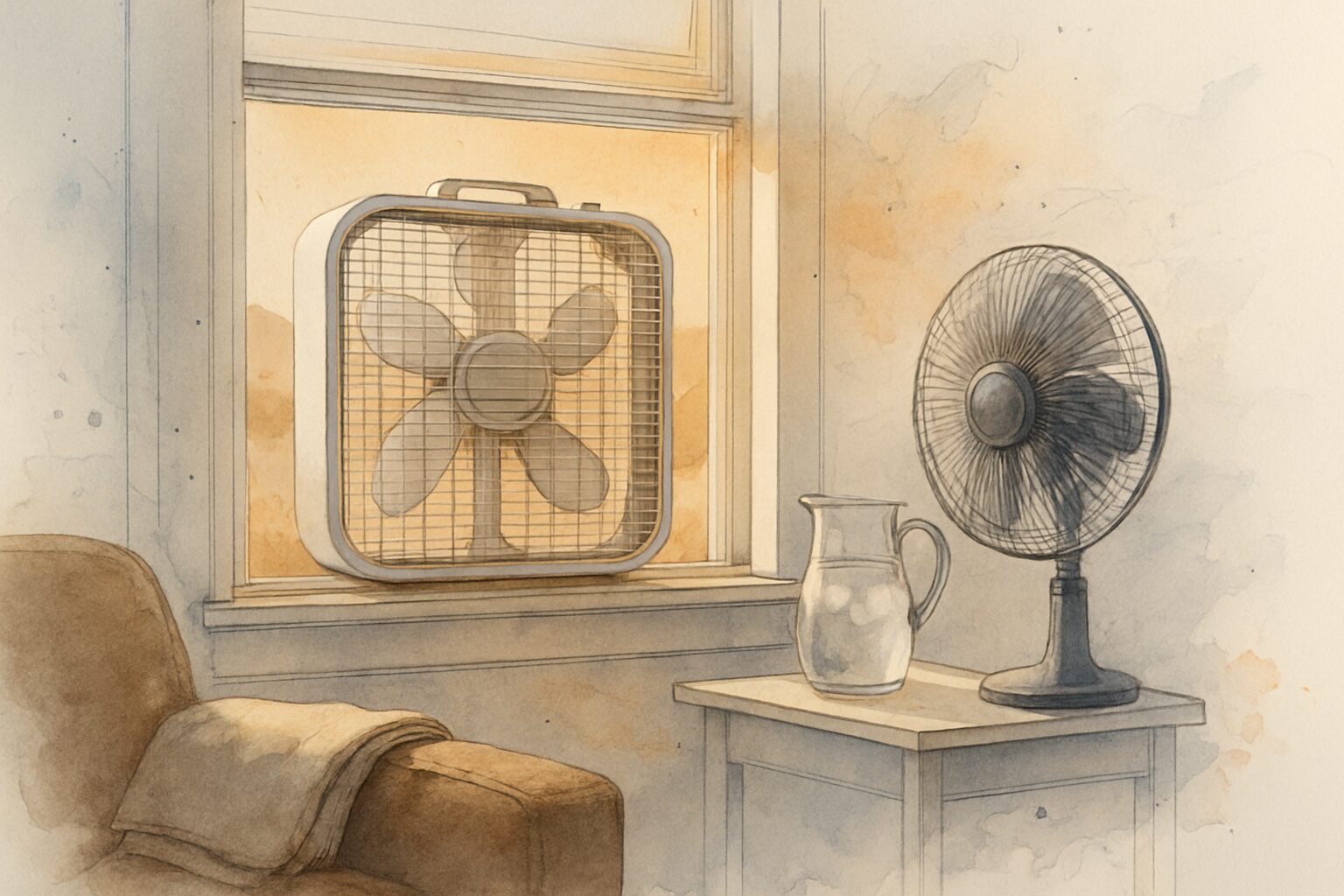 Window fan and floor fan cooling a home interior with hazy smoke-filled inland hills visible outside