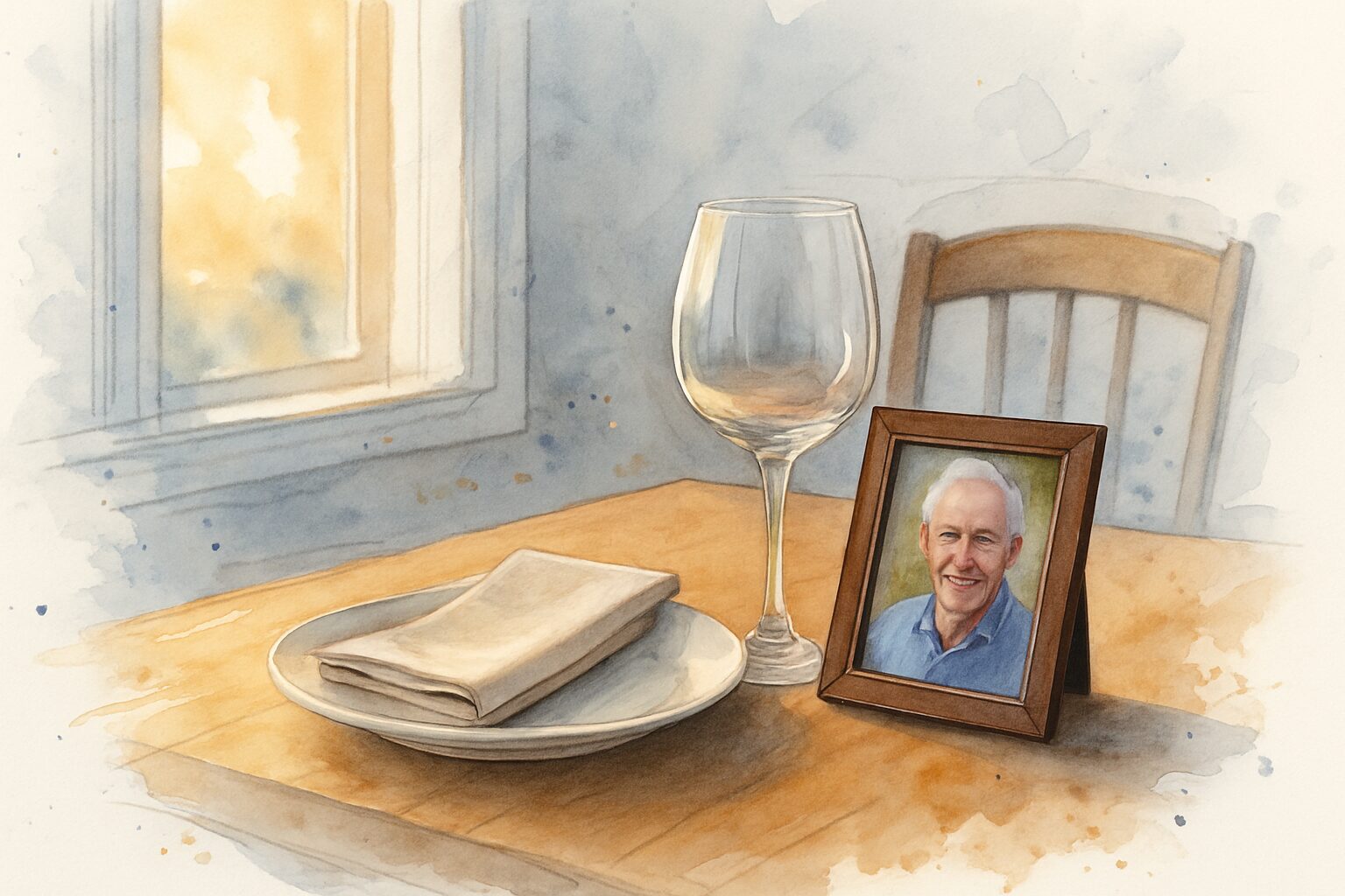 Empty place setting at a holiday table with a framed photograph, representing grief during the first holiday season after loss.