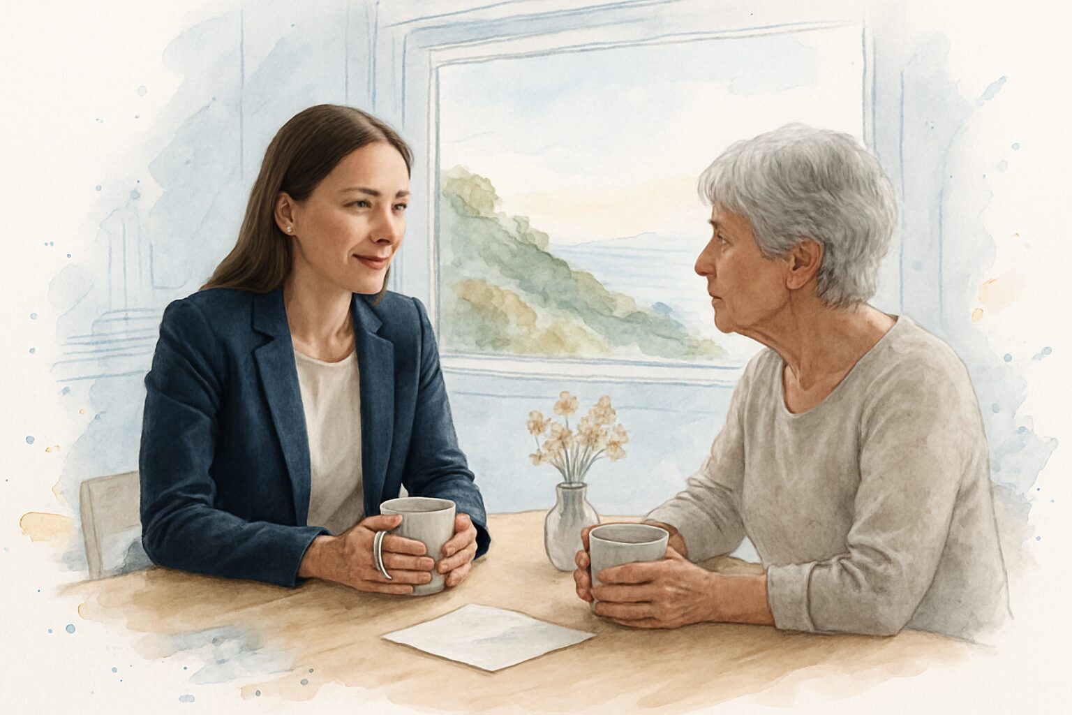 Bereavement specialist sitting with a grieving family member at a kitchen table during a support visit in Monterey County.