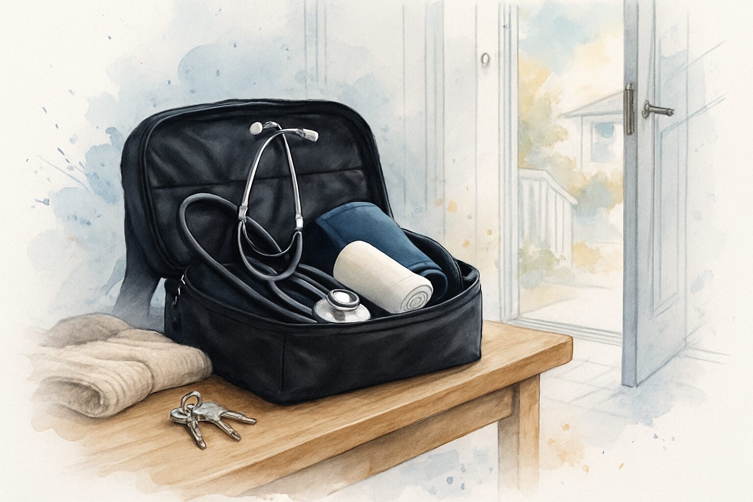 Open nursing bag with stethoscope and blood pressure cuff on an entryway bench near a front door