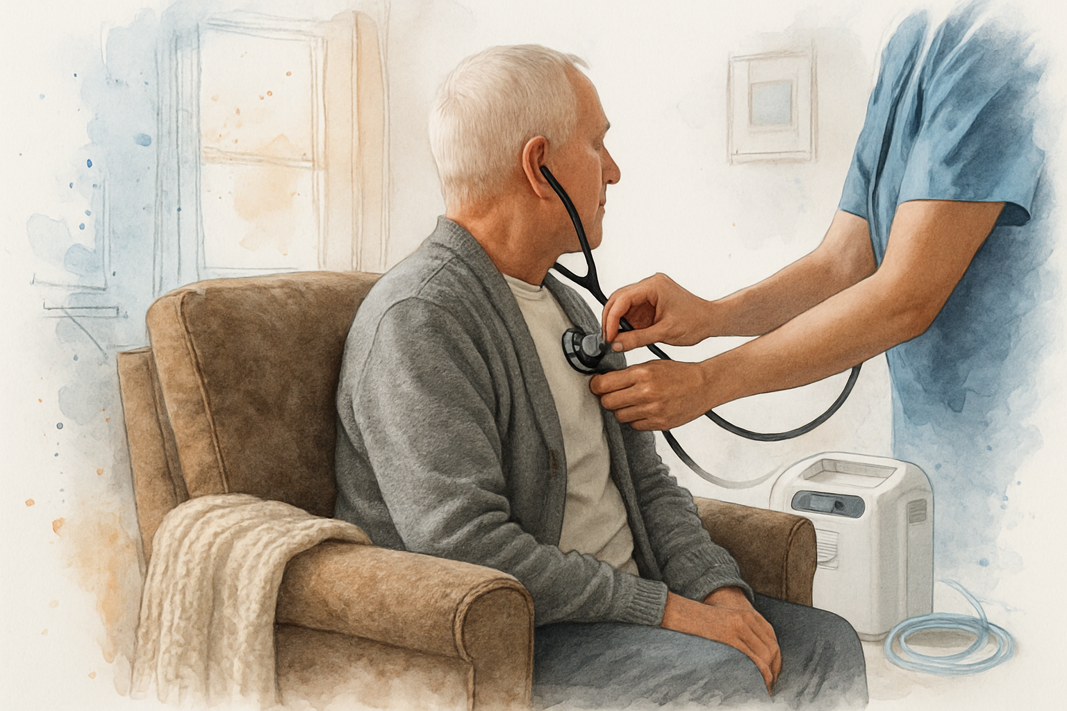 Nurse listening to an older man's breath sounds during a visit for COPD