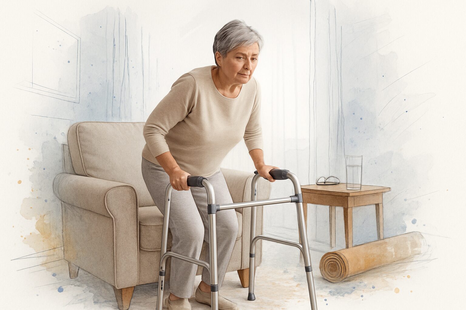 Older adult practicing standing from a chair with a walker nearby during a home occupational therapy visit