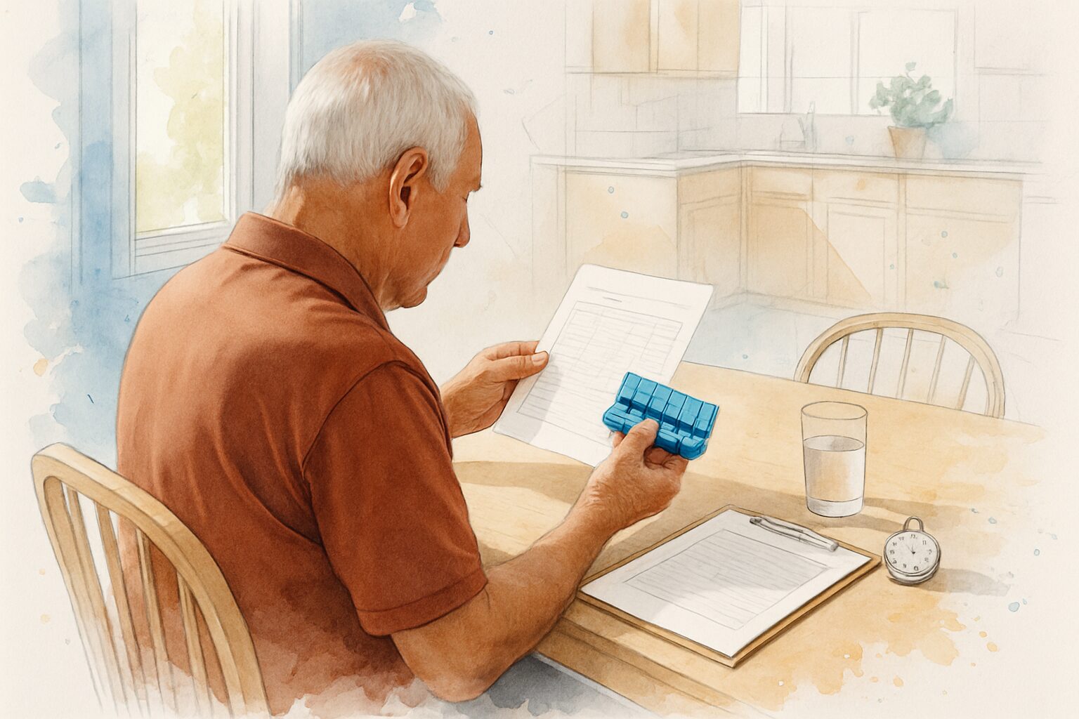 Older adult at a dining table with a pill organizer and blank assessment clipboard during a home therapy visit