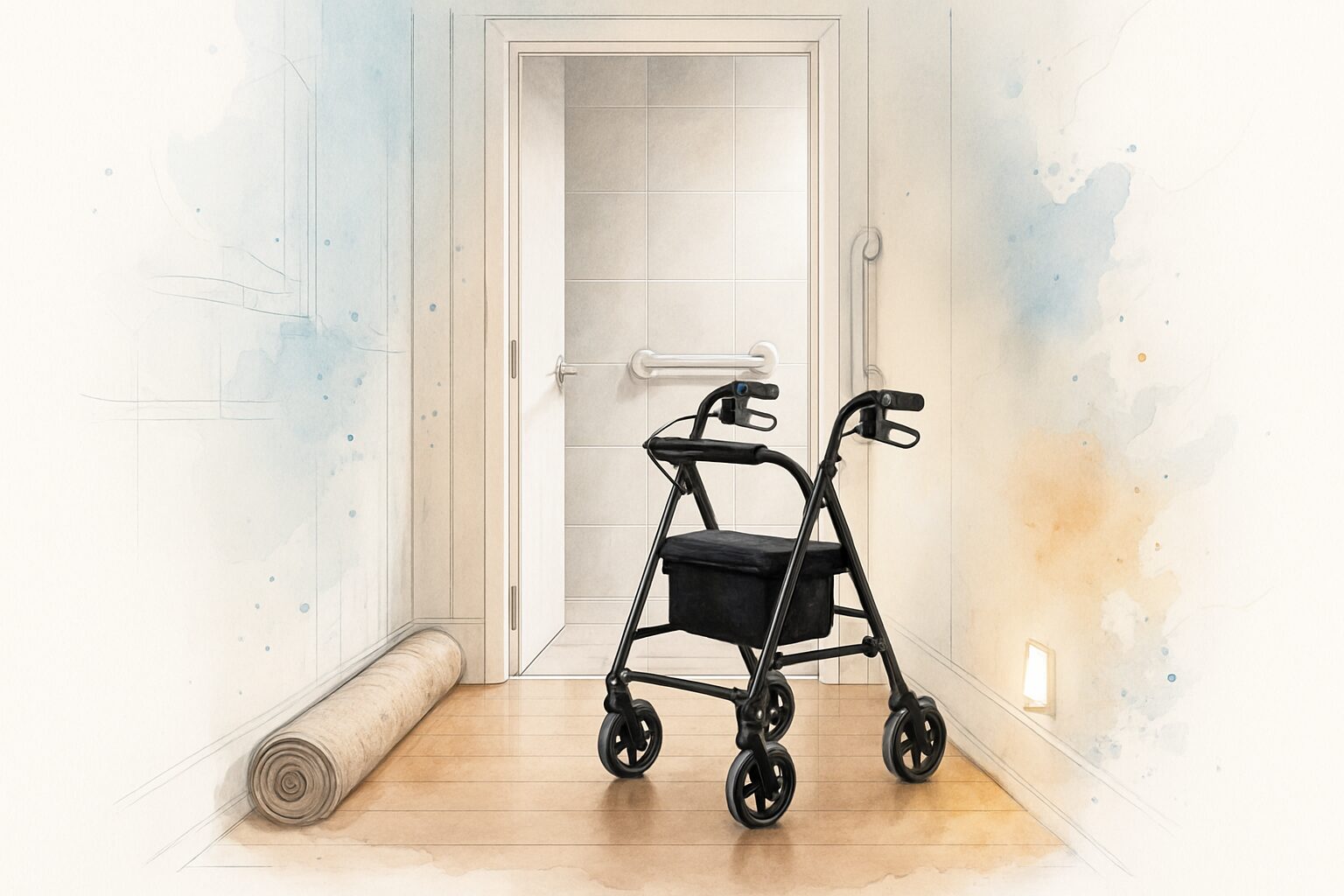 Home hallway with walker, grab bar and night light after a home safety check following hospital discharge