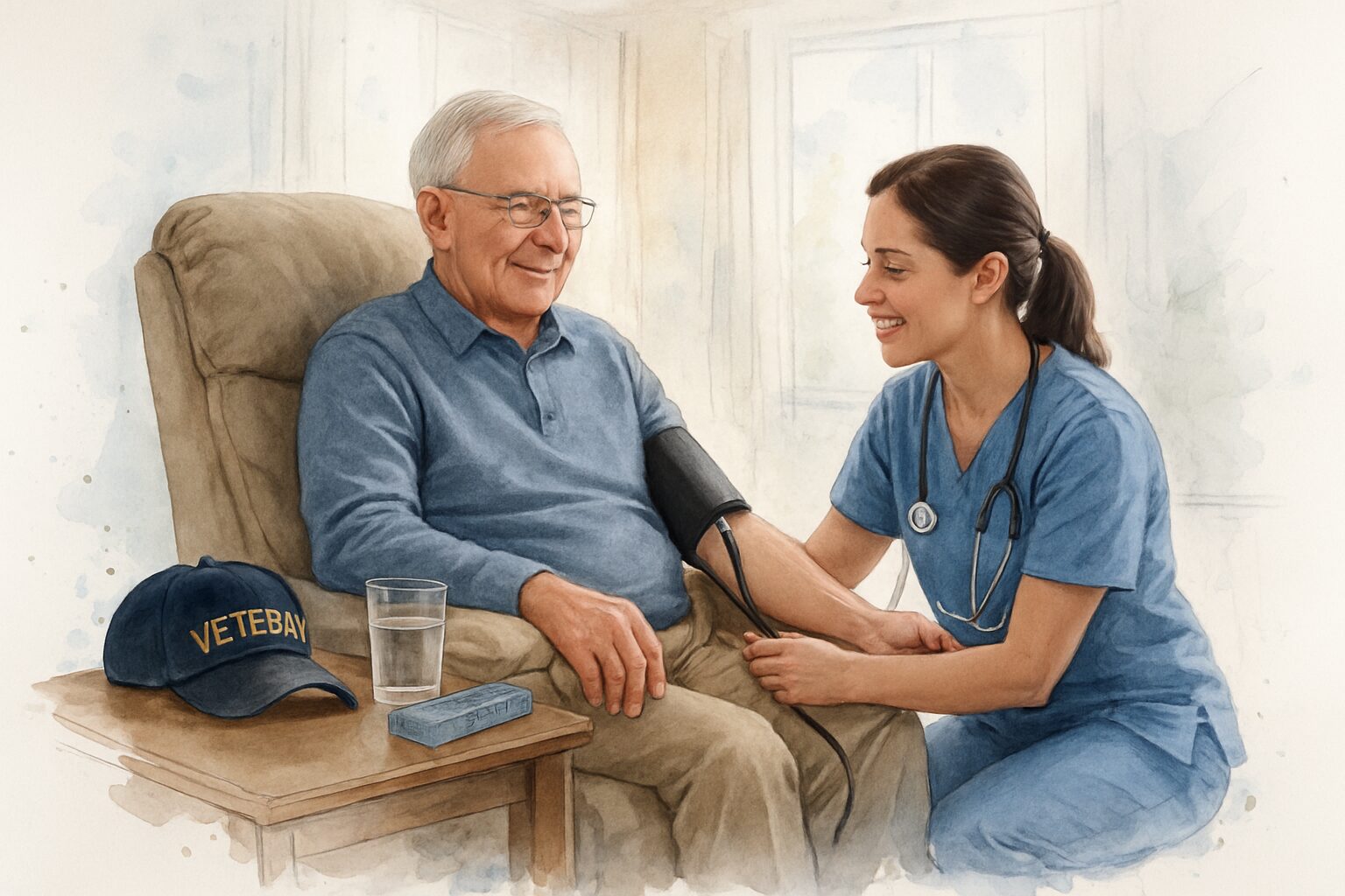 Registered Nurse checking an older veteran's blood pressure at home beside a side table with a service cap