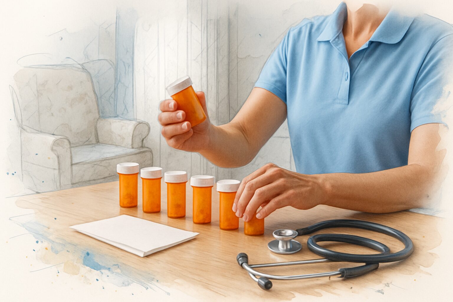 Nurse's hands lining up prescription bottles on a dining table during a home medication review visit