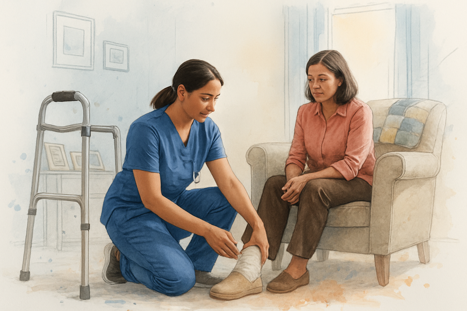 Registered Nurse checking a bandaged leg in a living room while an adult daughter looks on